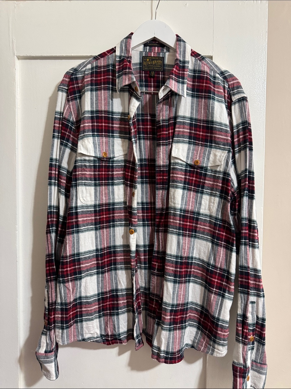 Lucky Brand Men's White, Red & Black Plaid Button-Down Shirt Size Large